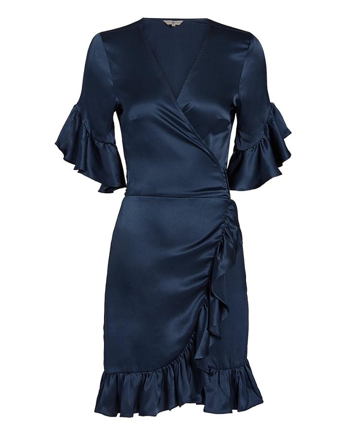 Nightcap Clothing Silk Ruffle Wrap Mini Dress Navy P