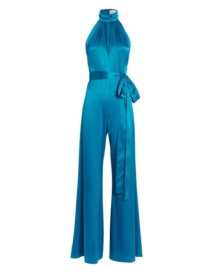 Alexis Mock Neck Satin Jumpsuit Cyan P