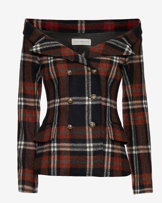 Faith Connexion Off The Shoulder Double Breasted Plaid Jacket