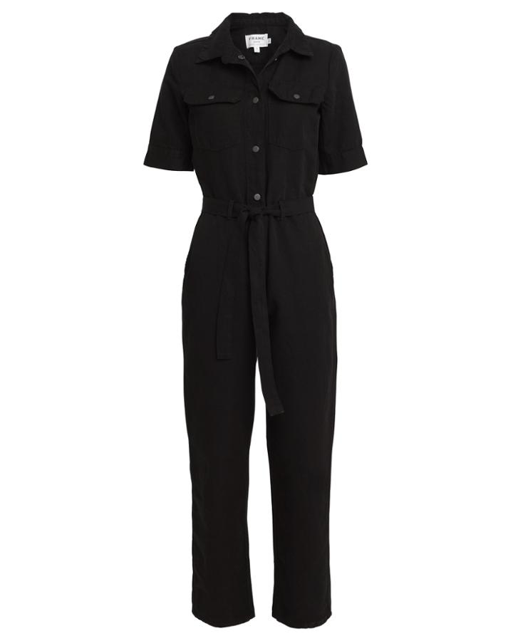 Frame Belted Cotton Linen Jumpsuit Black L
