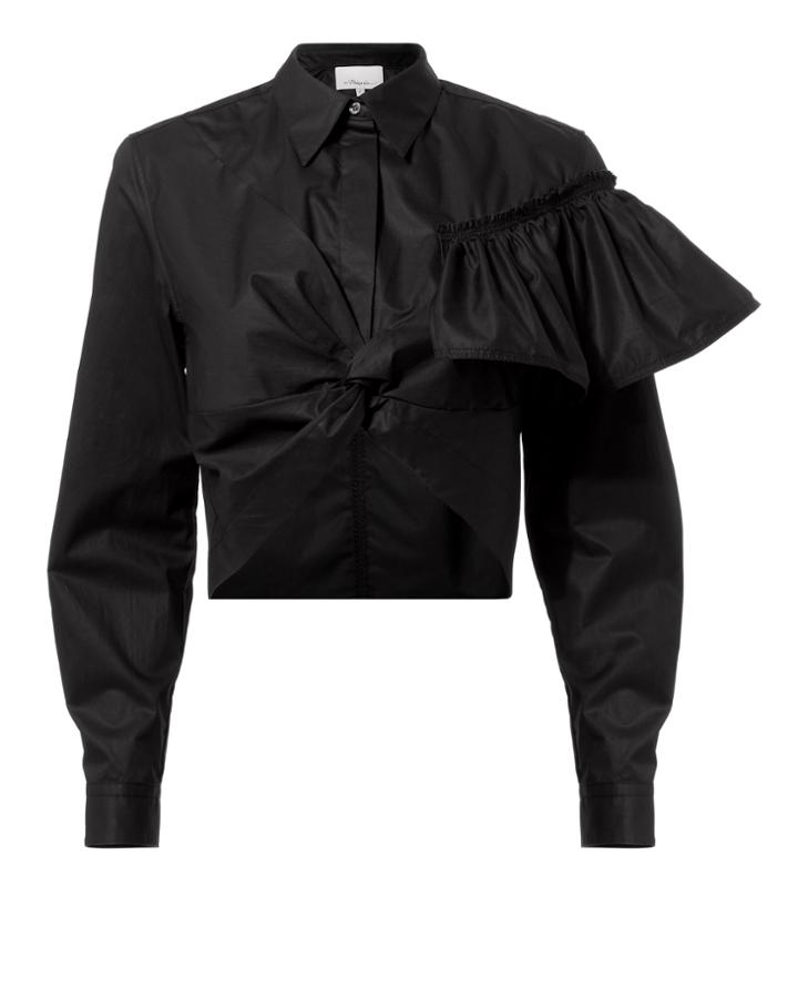 3.1 Phillip Lim Flamenco Twisted Ruffle Crop Top Black Zero