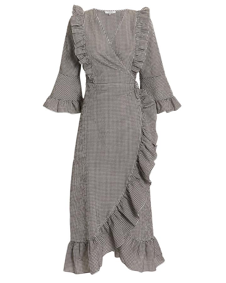 Ganni Charron Ruffle Midi Dress Brown/white 38