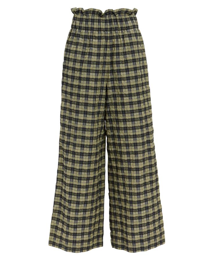 Ganni Seersucker Check Wide Leg Pants Aloe Green 36