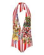 Rococo Sand Floral Striped Halter One Piece Swimsuit