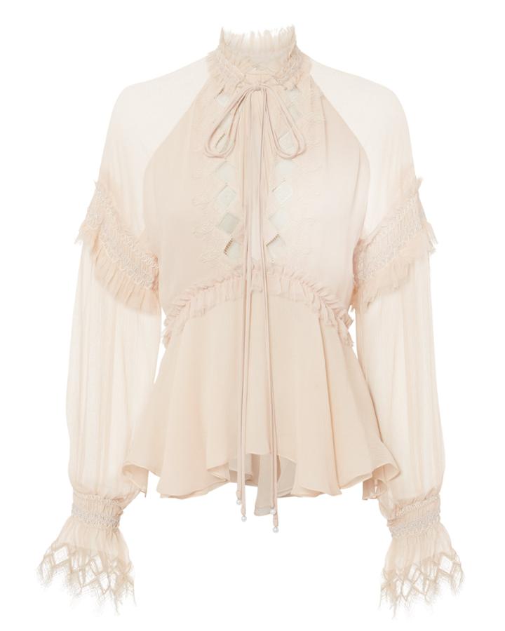 Jonathan Simkhai Smocked Lace Top Beige P