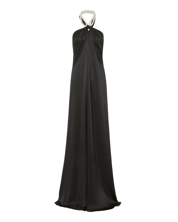 Adam Selman Pearl Halter Sarong Dress Black P