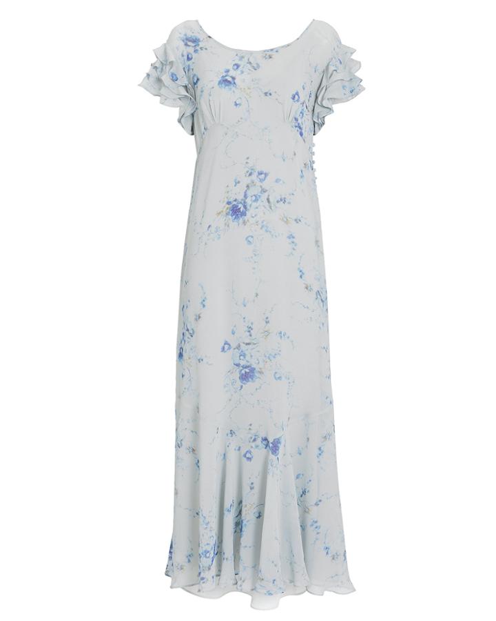 Love Shack Fancy Loveshackfancy Sloane Midi Silk Dress Blue Floral L