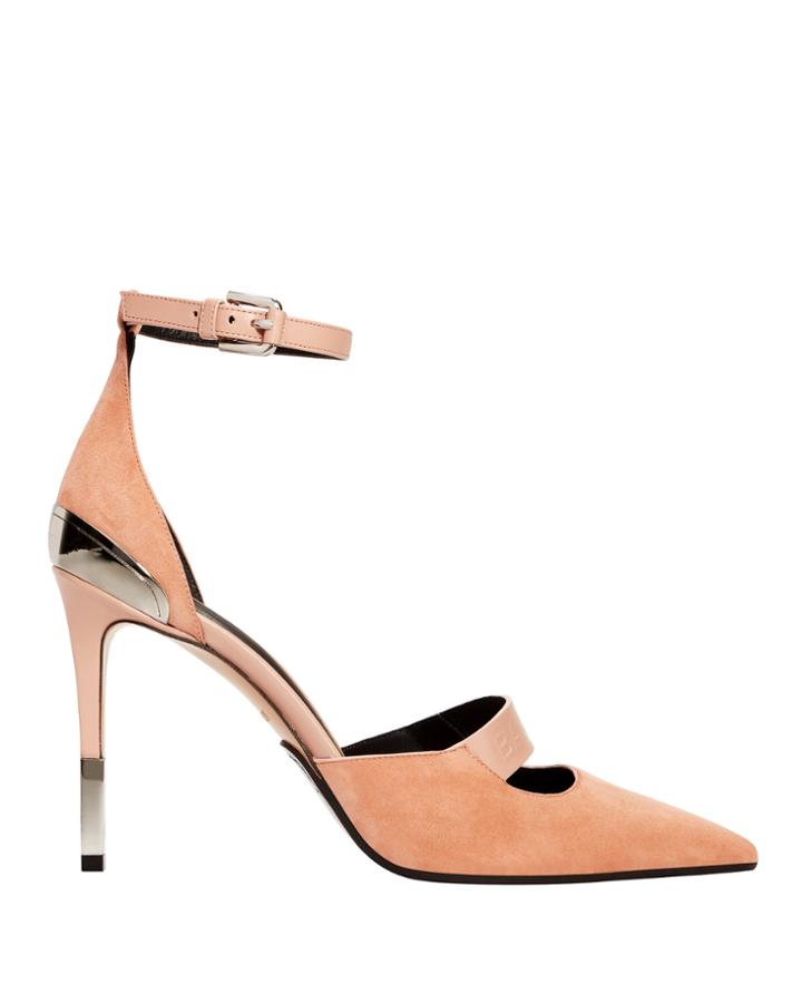 Balmain Logo Strap Pink Suede Stiletto Pumps Blush 38
