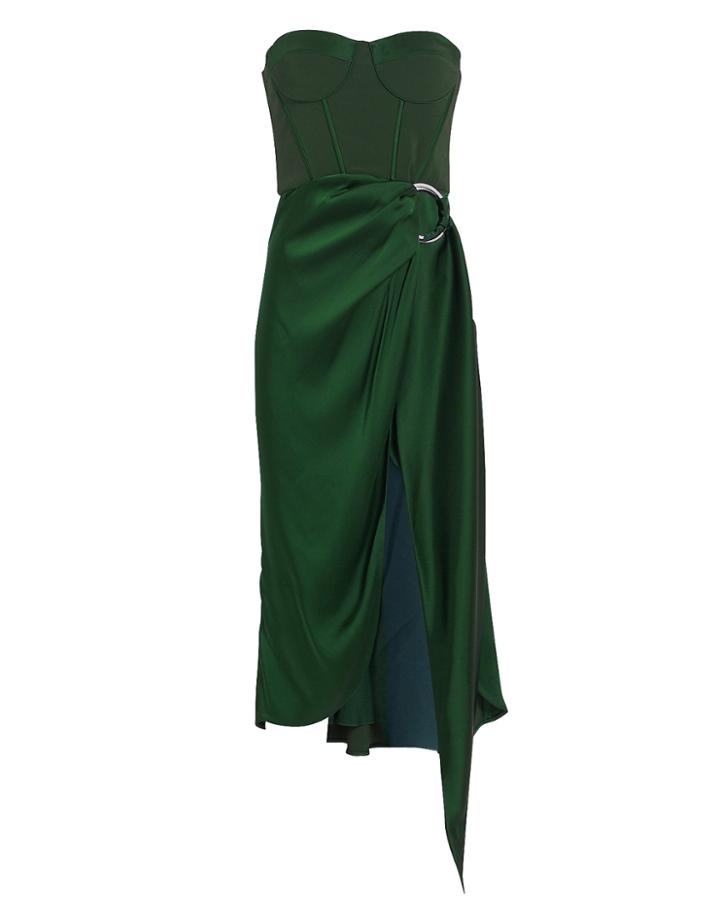 Jonathan Simkhai Strapless Bustier Asymmetric Dress Forest Green/navy 6