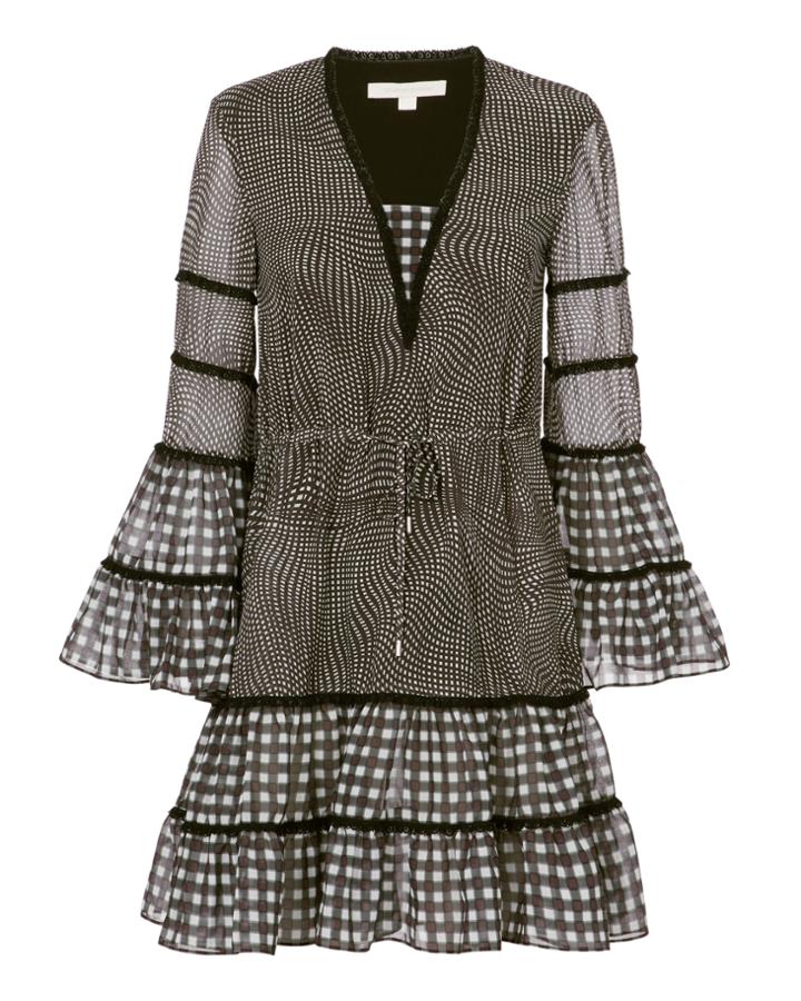 Jonathan Simkhai Swim Smocked Mixed Mini Dress Pat-check S