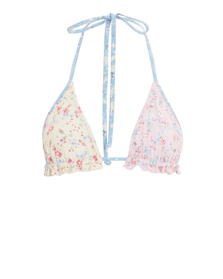 Love Shack Fancy Riviera Ruffle Bikini Top Pink/ivory/floral M