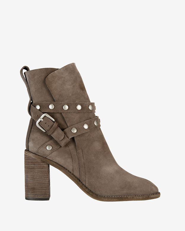 See By Chloe Studded Strap Stack Heel Suede Boot: Grey