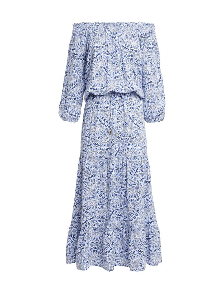 Melissa Odabash Carmen Off Shoulder Midi Dress Blue Floral S