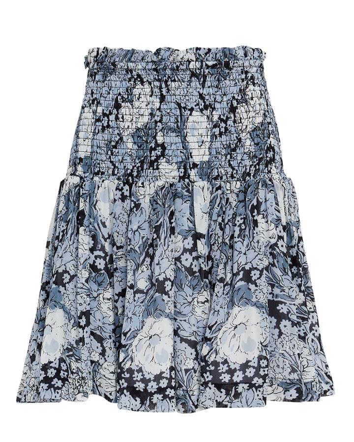Ganni Printed Georgette Smocked Mini Skirt Blue Floral 40