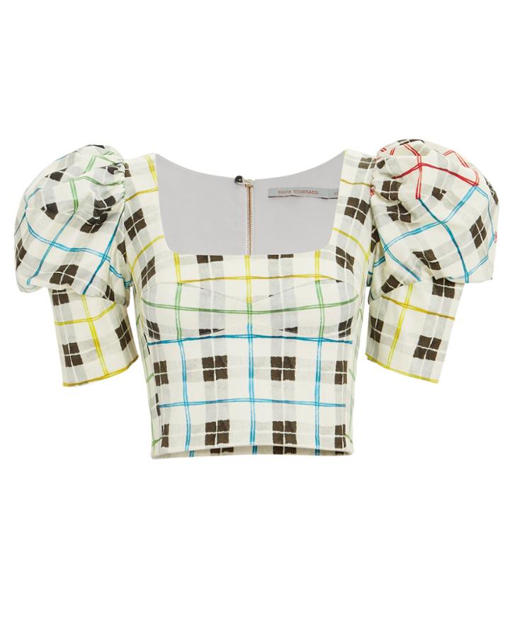 Silvia Tcherassi Brett Checked Bustier Crop Top Ivory Check S