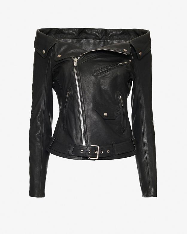 Faith Connexion Off The Shoulder Leather Jacket: Black