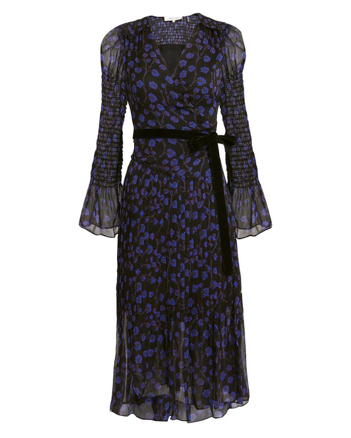 Diane Von Furstenberg Ani Smocked Sleeve Midi Dress Black/blue Floral 6