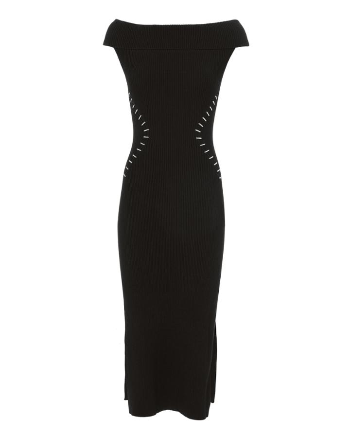 Thierry Mugler Mugler Studded Waist Ribbed Knit Dress Black P