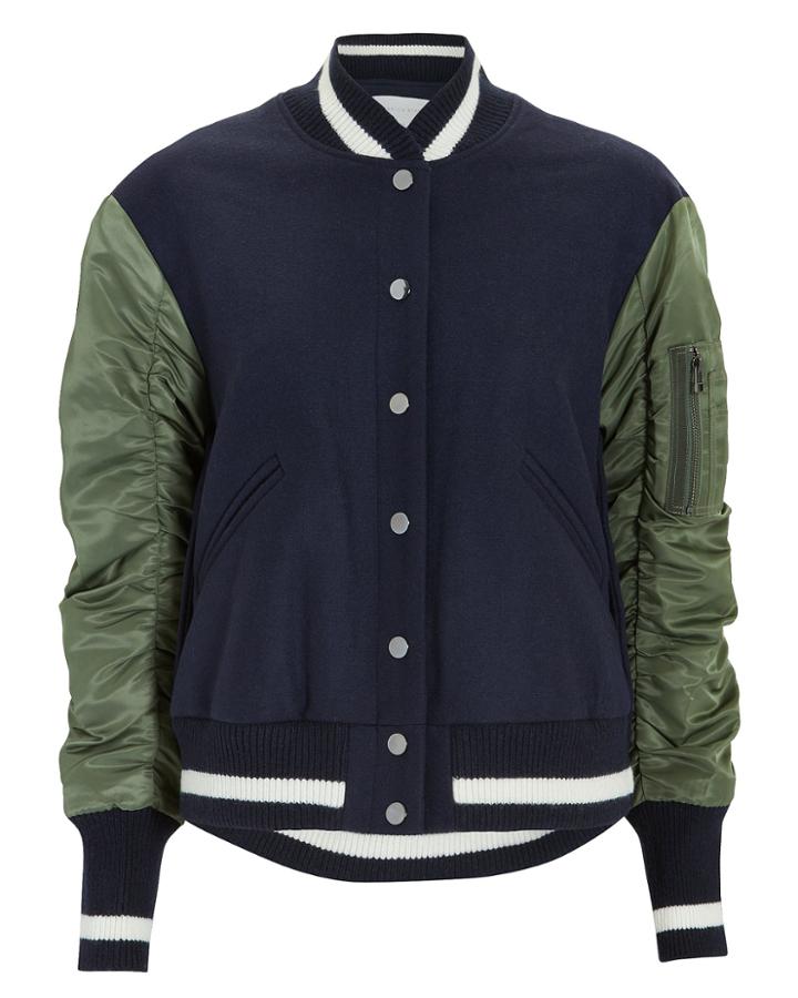 Veronica Beard Joanie Pleated Back Bomber Jacket Navy P
