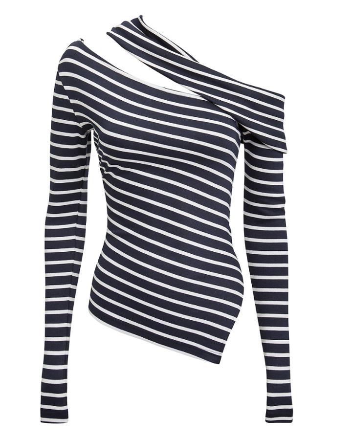 Monse Off Shoulder Striped Knit Top Navy/white P