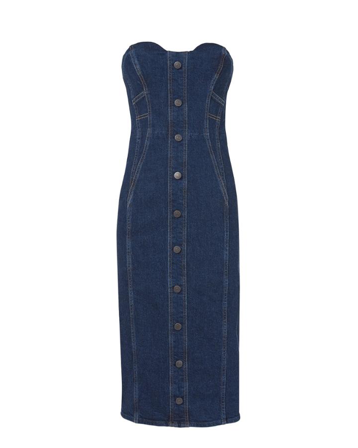 Veronica Beard Liza Strapless Denim Midi Dress Blue-drk Zero