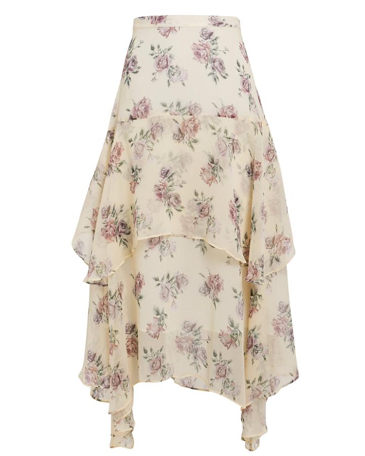 Love Shack Fancy Loveshackfancy Alex Floral Midi Skirt Ivory/tea Rose Print M