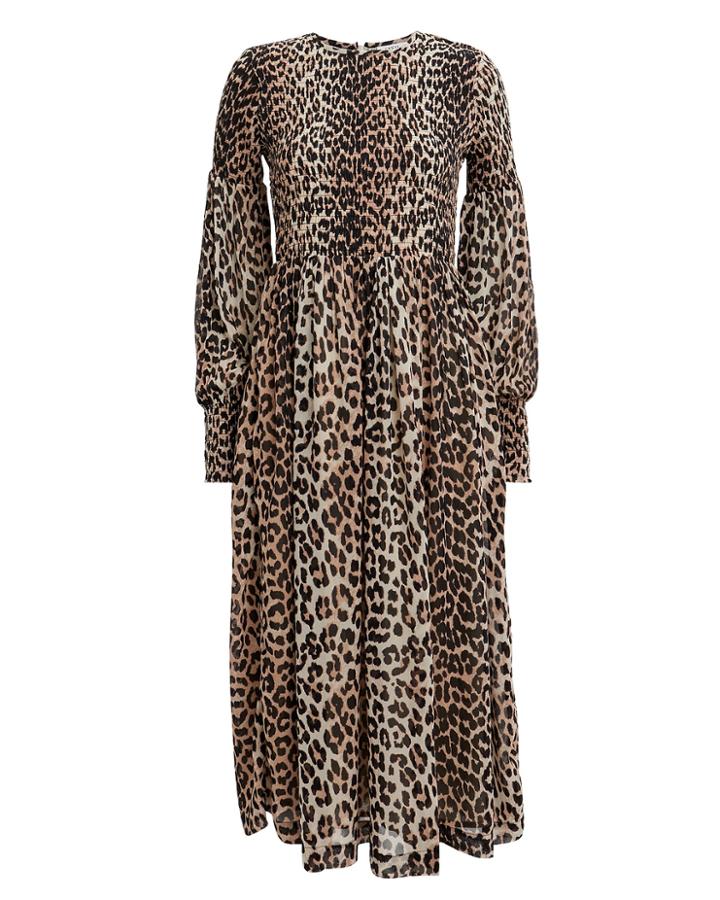 Ganni Mullin Leopard Print Smocked Dress Leopard 38