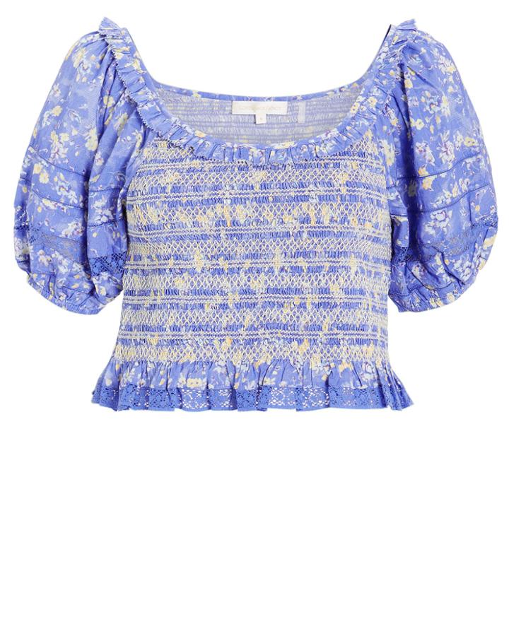 Loveshackfancy Molly Smocked Cotton Top Purple/white S