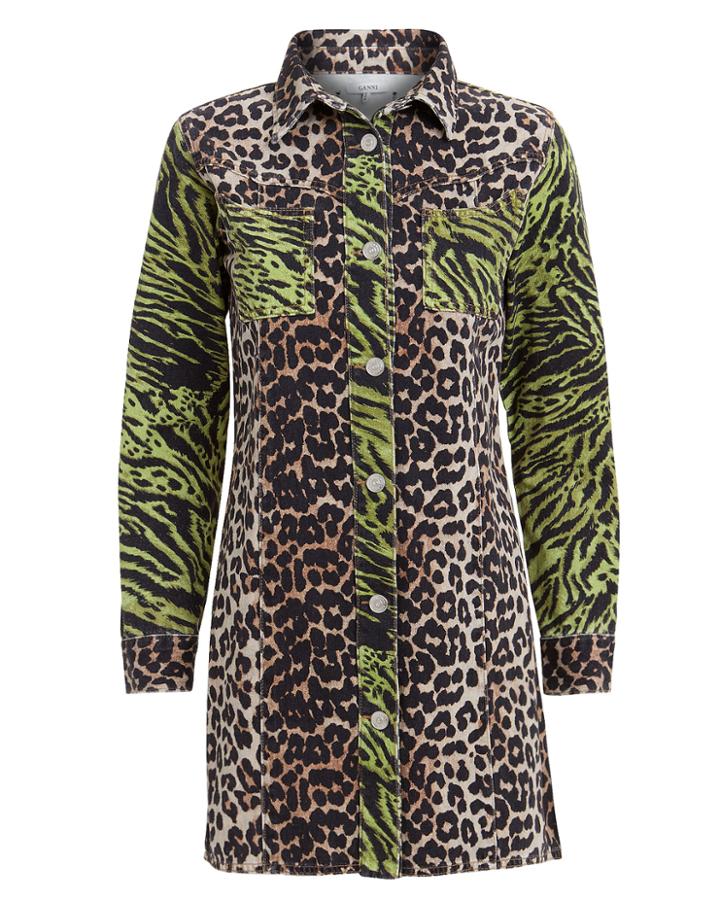 Ganni Animal Print Denim Dress Green/brown 36