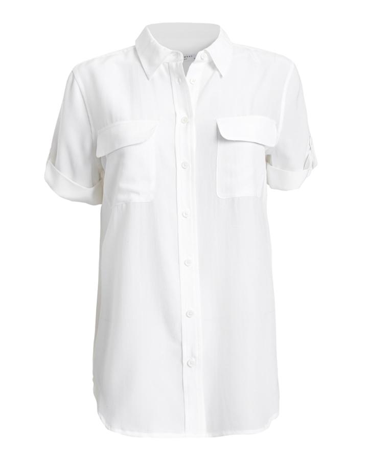 Equipment Slim Signature White Double Flap Pocket Short Sleeve Blouse