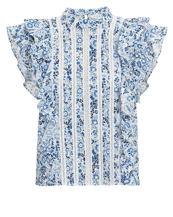 Veronica Beard Sol Ruffle Sleeve Floral Blouse Blue/white Floral Zero