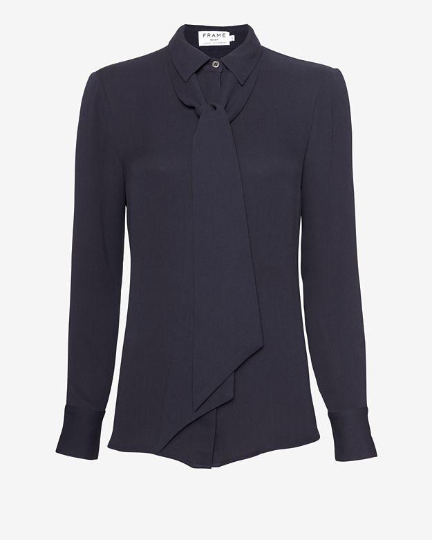 Frame Neck Tie Collared Blouse: Navy