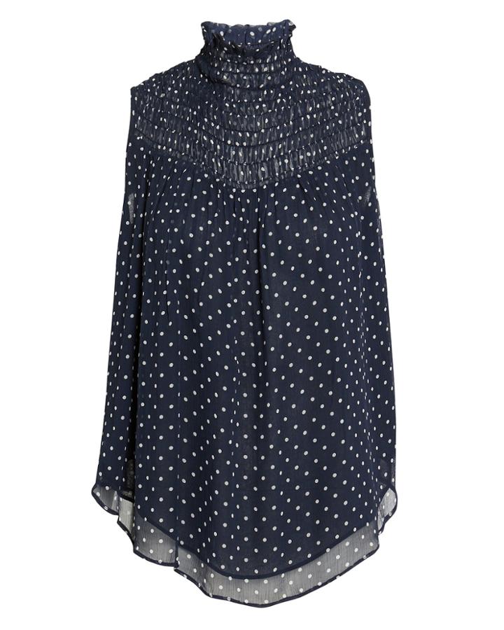 Frame Polka Dot Smocked Navy Top Navy/white L