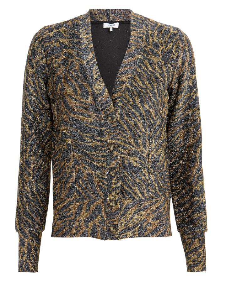 Ganni Tiger Print Lurex Jersey Cardigan Metallic Tiger Print 38