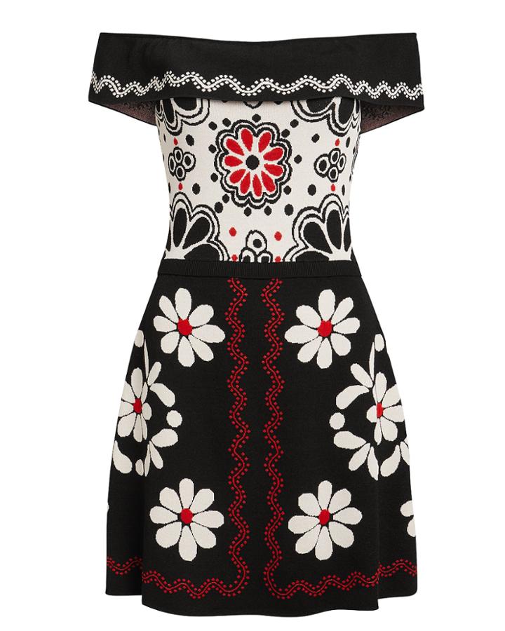 Red Valentino Redvalentino Intarsia Printed Knit Mini Dress Dark Floral P
