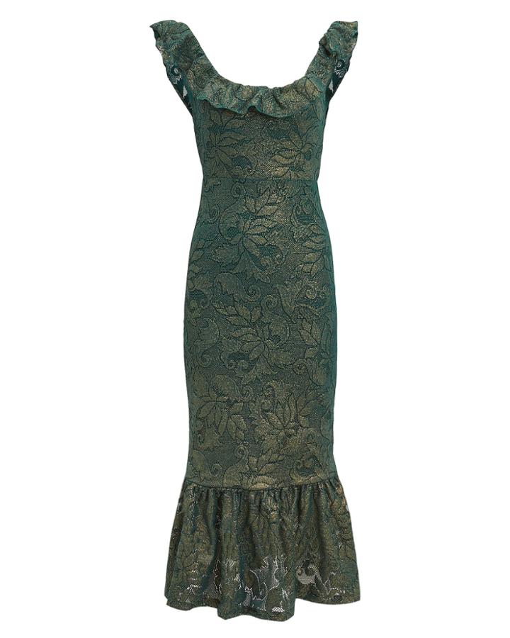 Nightcap Clothing Metallic Ruffle Hem Midi Dress Emerald Metallic P