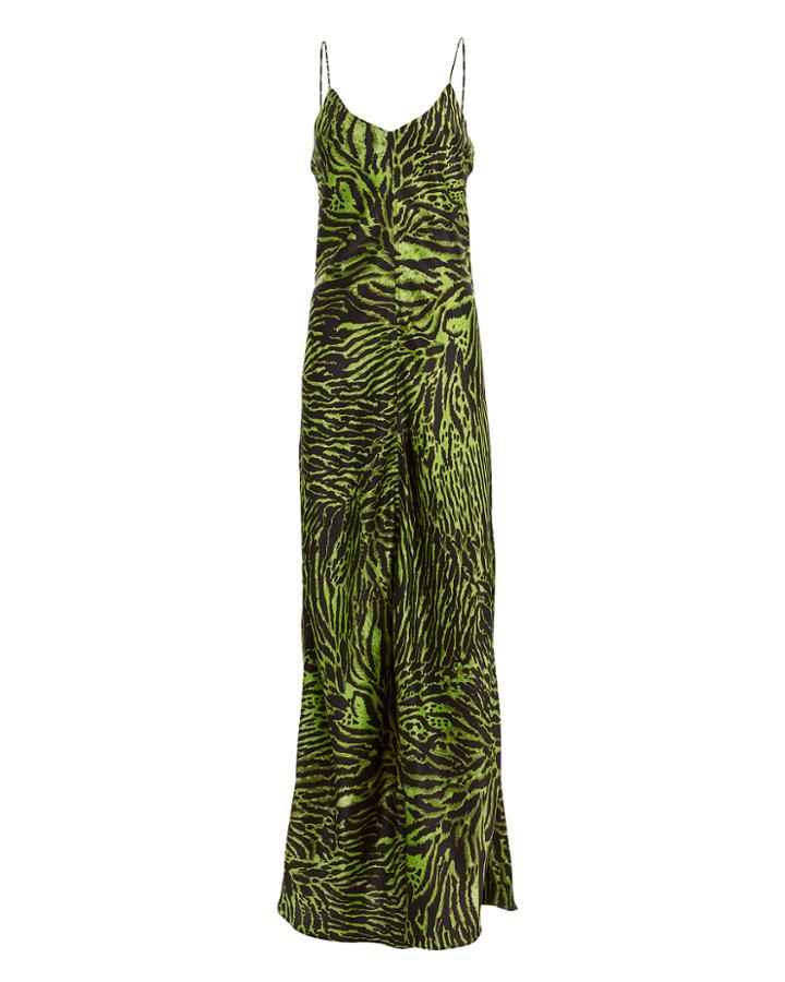 Ganni Tiger Silk Satin Gown Green/black 40