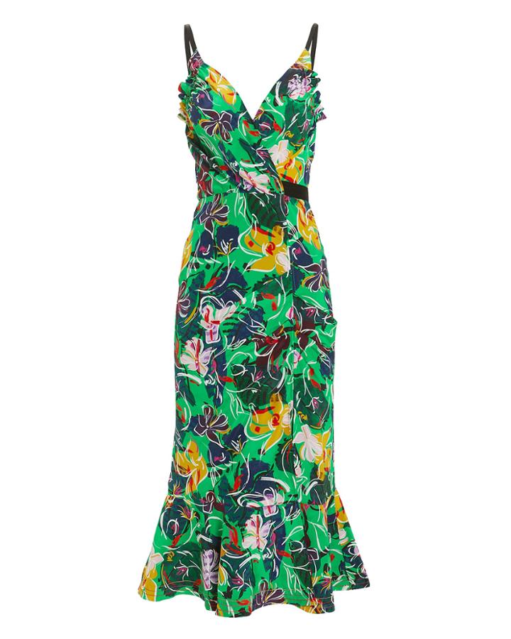 Saloni London Saloni Jennie Ruffle Front Midi Dress Green Floral 4
