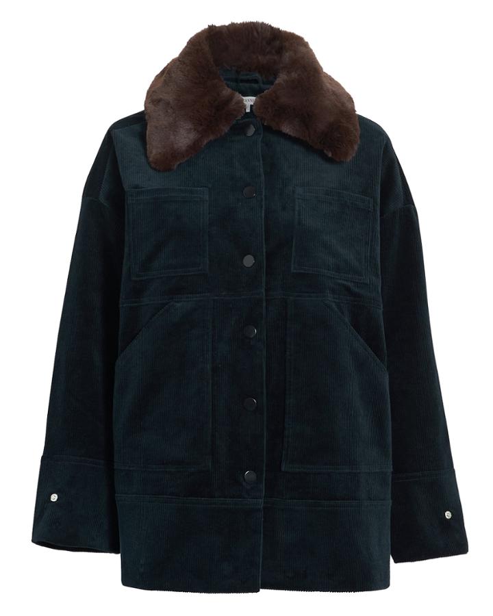 Ganni Ridgewood Corduroy Faux Fur Jacket Navy 34