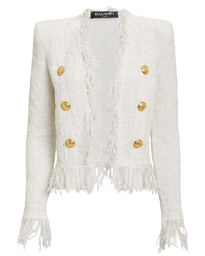 Balmain White Tweed Fringe Jacket White 38