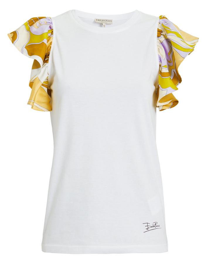 Emilio Pucci Printed Ruffle Sleeve White Top White/print M