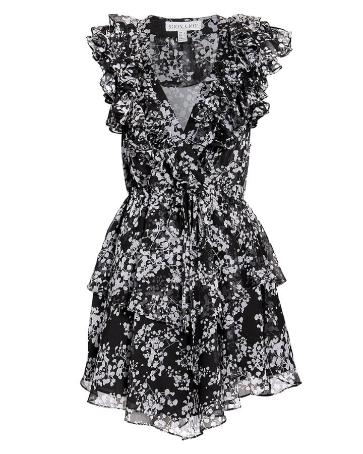 Shona Joy Dakota Ruffle Printed Mini Dress Black/white 6
