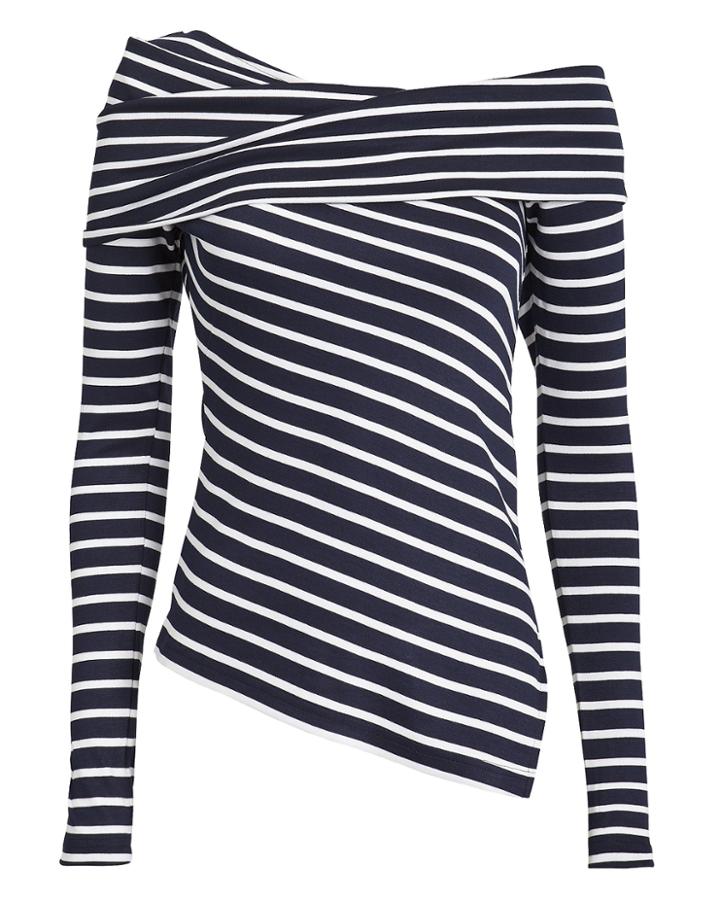 Monse Off Shoulder Striped Knit Top Navy/white L