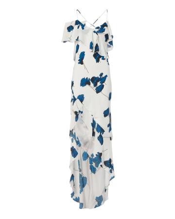 Michelle Mason Floral Asymmetrical Ruffle Gown 