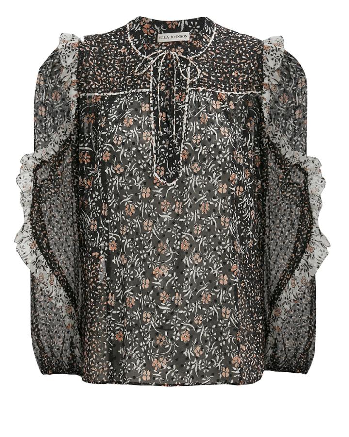 Ulla Johnson Norma Silk Georgette Blouse Black/floral 8