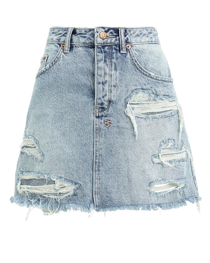 Ksubi Mini Moss Destroyed Denim Skirt Light Blue Denim 25