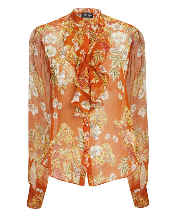 Nicholas Orange Ruffle Front Floral Blouse Orange/floral Print 10
