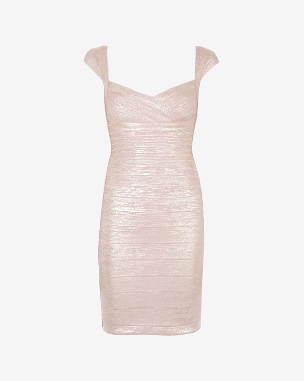 Herve Leger Rose Gold Foil Cap Sleeve Bandage Dress