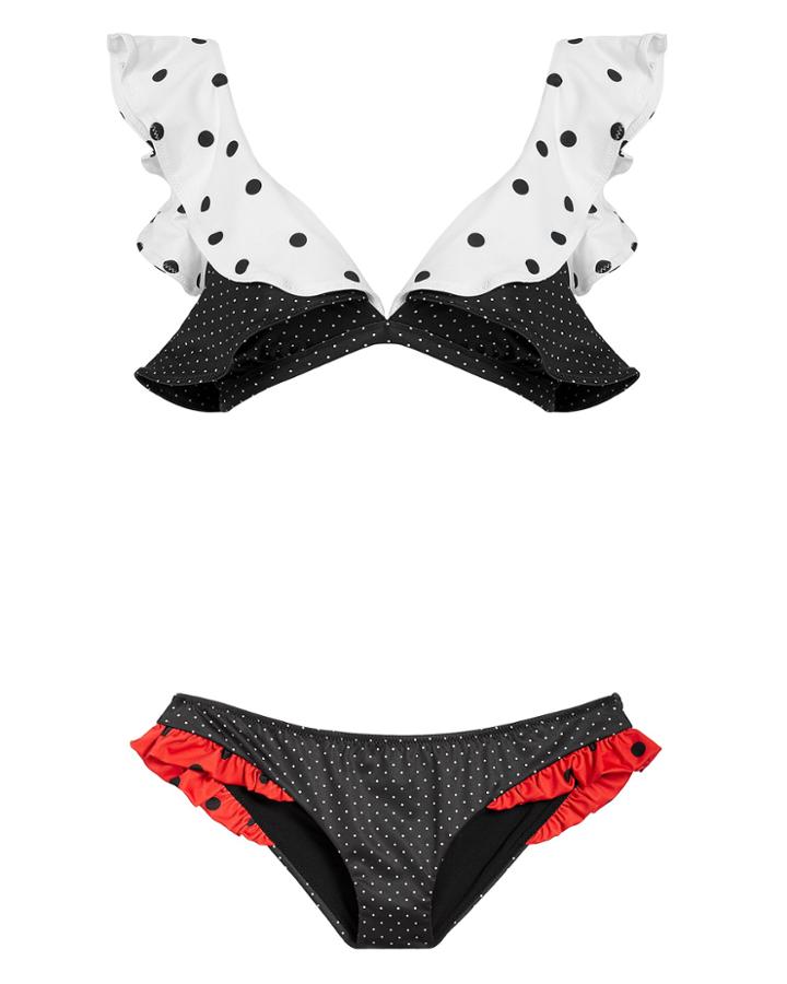 Ganni Polka Dot Ruffle Bikini Black/white/red 38