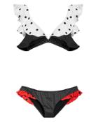 Ganni Polka Dot Ruffle Bikini Black/white/red 38